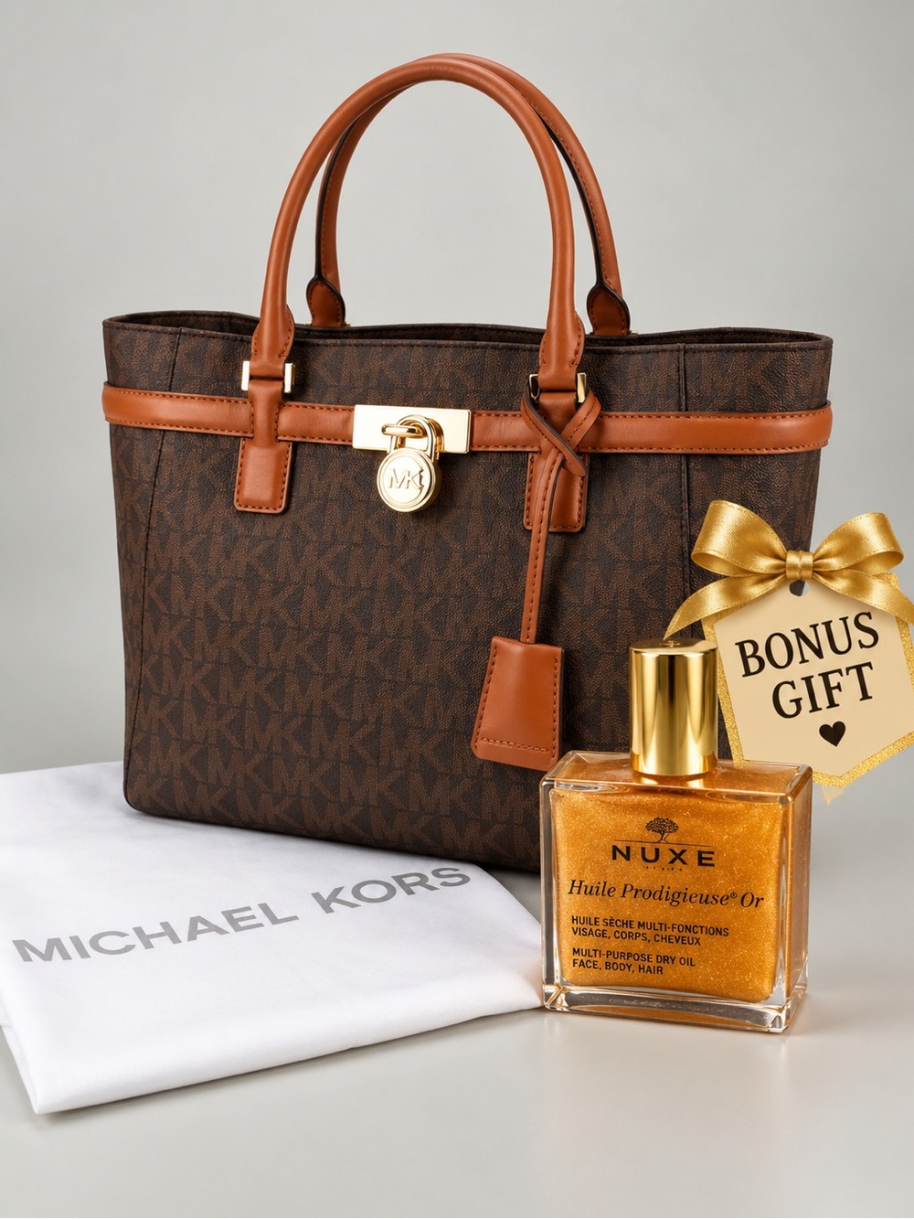 Michael Kors Small Tote – Brown Signature –Dust Bag + 1.6 mL NUXE Bonus Gift